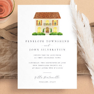 Elegante Aquarell-Villa-Illustration Hochzeit Einladung