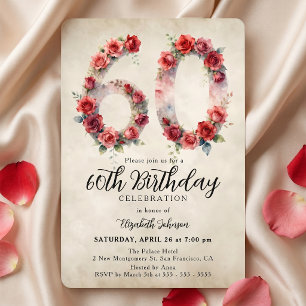 Elegante Aquarell-Vintage-Rose zum 60. Geburtstag Einladung