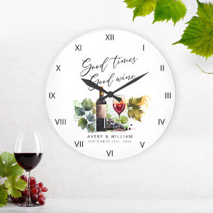 Elegante Aquarell-Wein-Neuvermählte Namen Große Wanduhr