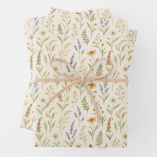 Elegante Aquarellbahn Wildblume Wiese Geschenkpapier Set