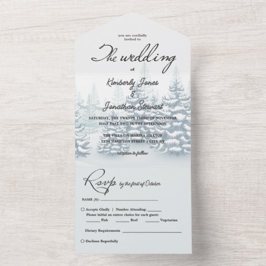 Elegante Aquarellbäume UAWG Winter Wedding All In One Einladung (Innen)