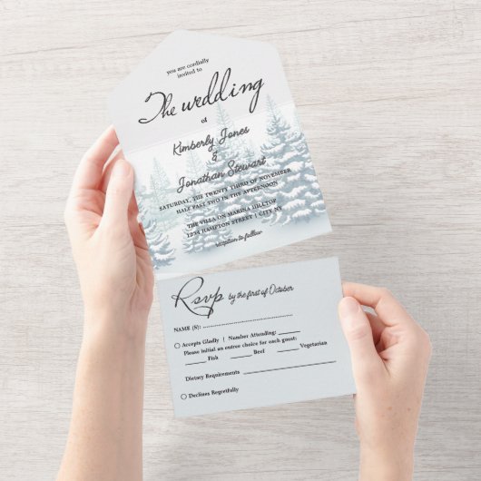 Elegante Aquarellbäume UAWG Winter Wedding All In One Einladung (Abreißtisch)