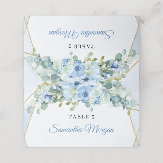 Elegante Aquarellblau blühende Vegetation und Gold Platzkarte (Außenseite Aufgefaltet)