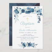 Elegante Aquarellblau-Blütentaufe Einladung (Vorne/Hinten)