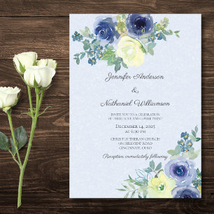 Elegante Aquarellblaue und elfenbeinfarbene Rosen Einladung