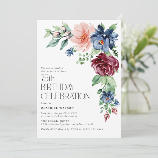 Elegante Aquarellblume 75. Überraschung Geburtstag Einladung (Stehend Vorderseite)