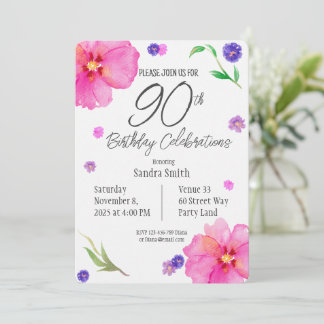 Elegante Aquarellblume 90. Geburtstagsfeier Einlad Einladung