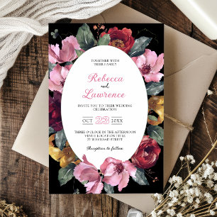 Elegante Aquarellblumen schwarze Hochzeitseinladun Einladung