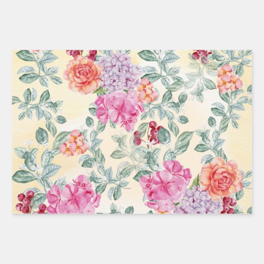 Elegante Aquarellblumen und Berries Vereinigtes Kö Geschenkpapier Set (Vorderseite)