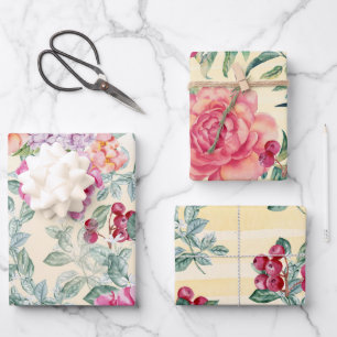 Elegante Aquarellblumen und Berries Vereinigtes Kö Geschenkpapier Set