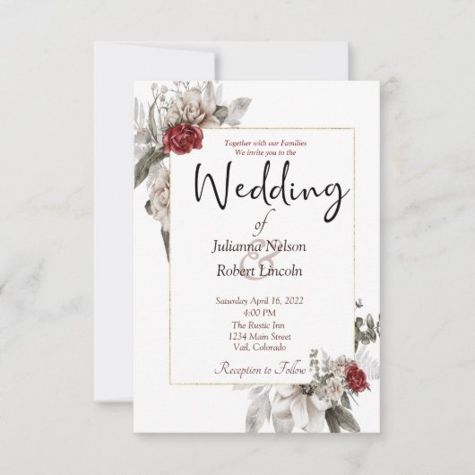 Elegante Aquarellblüte in Rot und Nebel Hochzeit Einladung (Vorderseite)