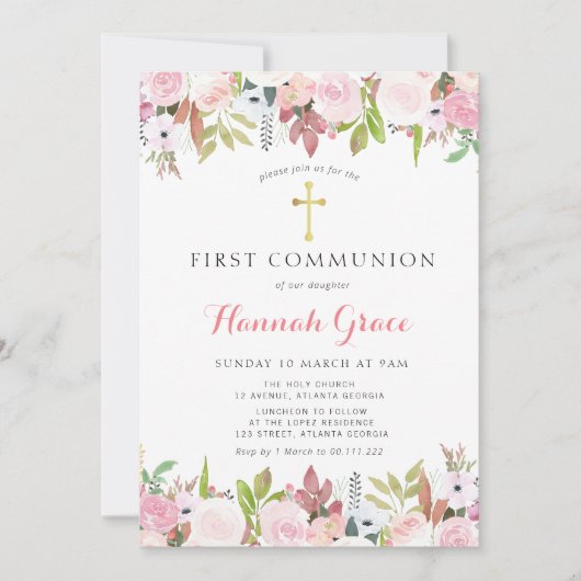 Elegante Aquarellblütenkommunion Einladung (Vorderseite)