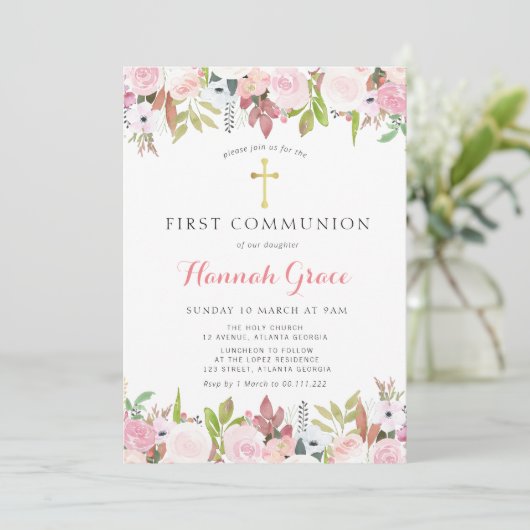 Elegante Aquarellblütenkommunion Einladung (Stehend Vorderseite)