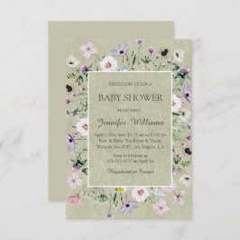 elegante Aquarelldusche Wildblumen Grüne Babydusch Einladung