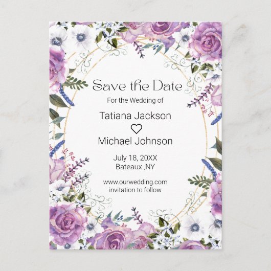 elegante Aquarellfarbe lila, Save the Date blühend Ankündigungspostkarte (Vorderseite)