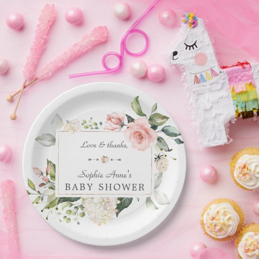 Elegante Aquarellfarbe Rosa Blume Kinderdusche Pappteller (Party)