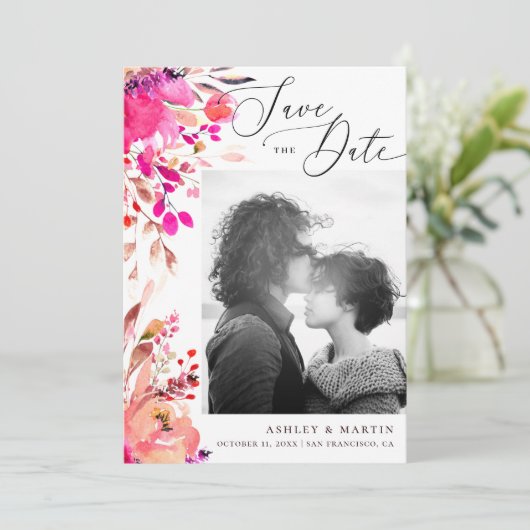 Elegante Aquarellfarbe Rosa Blütenfall Herbsthochz Save The Date (Stehend Vorderseite)