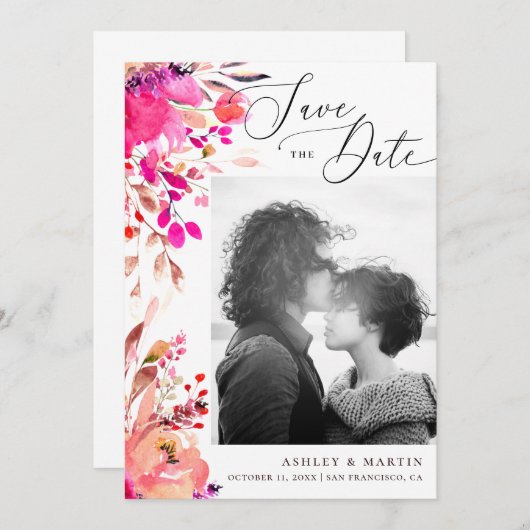 Elegante Aquarellfarbe Rosa Blütenfall Herbsthochz Save The Date (Vorne/Hinten)