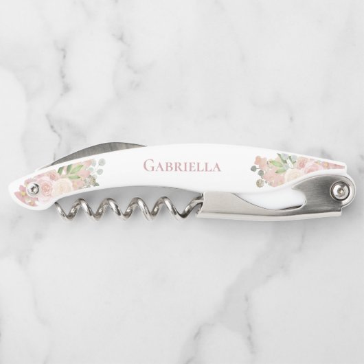 Elegante Aquarellfarbe Rosa Boho Name Hochzeit Kellnermesser (Rückseite)