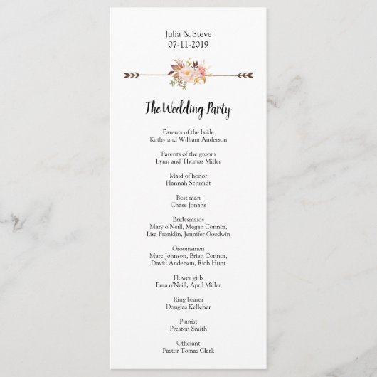 Elegante Aquarellfarben Blume Bohemisch Hochzeit Programm (Vorderseite)