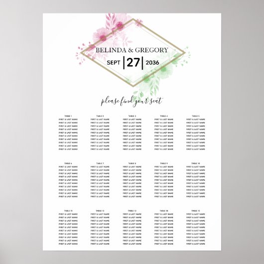 Elegante Aquarellfarben-Blume Hochzeitsdiagramm Poster (Vorne)