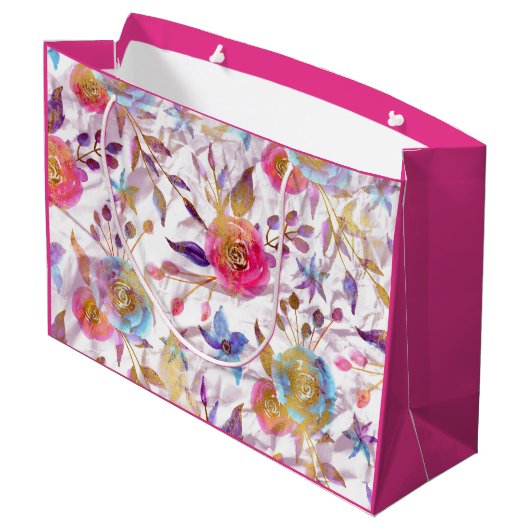 Elegante Aquarellfarben Blumen Rosa und Weiß Große Geschenktüte (Rückseite Schrägansicht)