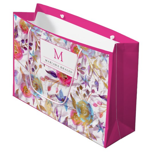 Elegante Aquarellfarben Blumen Rosa und Weiß Große Geschenktüte (Vorderseite Schrägansicht)