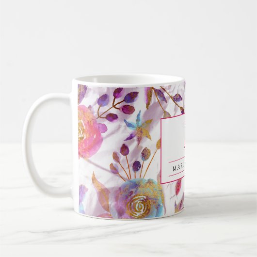 Elegante Aquarellfarben Blumen Rosa und Weiß Kaffeetasse (Links)