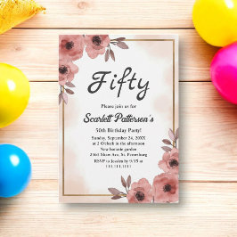 Elegante Aquarellfarben Blütendusche Rose 50. Gebu Einladung