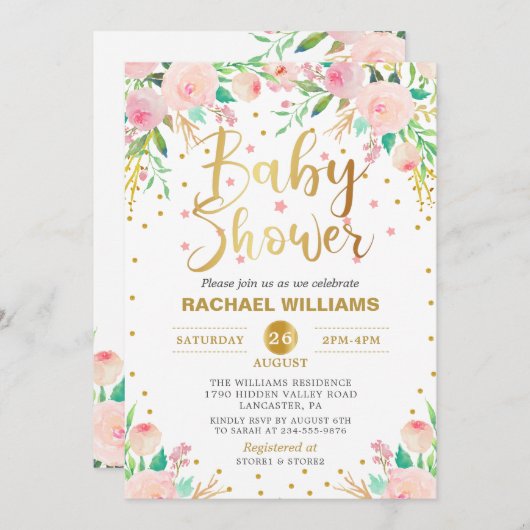 Elegante Aquarellfarben Blütenpink & Gold Baby Dus Einladung (Vorne/Hinten)
