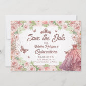 Elegante Aquarellfarben Blütenrot Rosa Quinceanera Save The Date (Vorderseite)