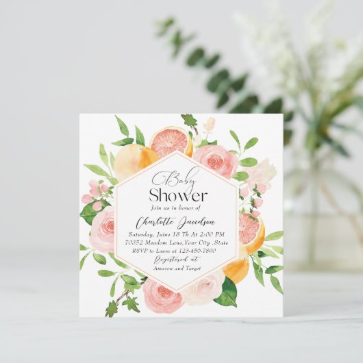 Elegante Aquarellfarben Citrus Pink Blume Kinderdu Einladung (Stehend Vorderseite)