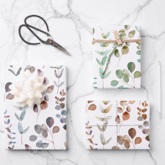Elegante Aquarellfarben Eukalyptus-Blätter Geschenkpapier Set (Vorderseite)