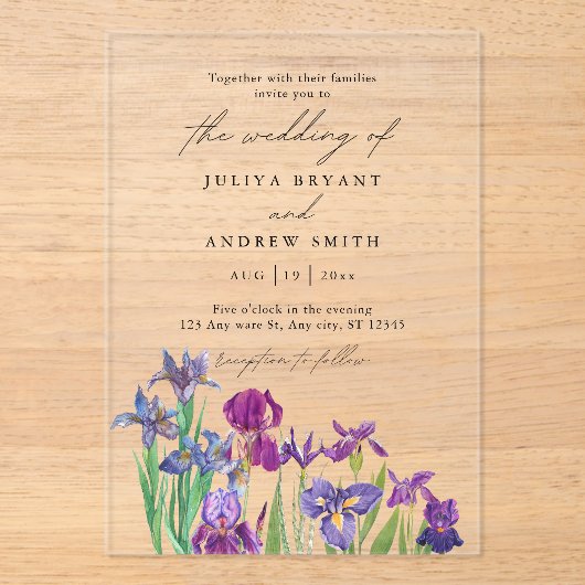 Elegante Aquarellfarben Iris in White Script Hochz Acryleinladungen (Vorderseite)