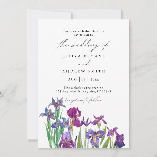 Elegante Aquarellfarben Iris in White Script Hochz Einladung (Vorderseite)