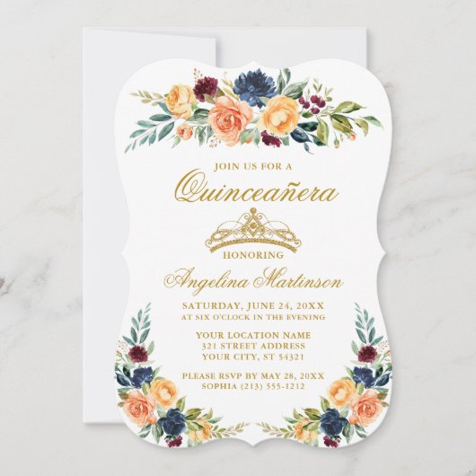 Elegante Aquarellfarben Mixed Floral Quinceanera Einladung (Vorderseite)
