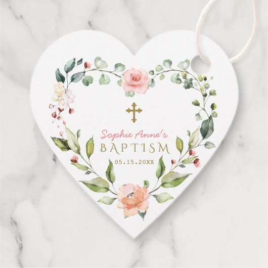 Elegante Aquarellfarben Rosa Blume Gold Cross Tauf Geschenkanhänger (Rückseite)