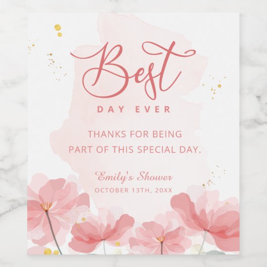 Elegante Aquarellfarben Rosa Blume Weinetikett (Einzelnes Label)