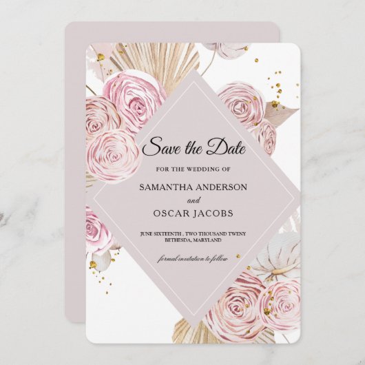 Elegante Aquarellfarben, rosa und Lila Blumenrahme Save The Date (Vorne/Hinten)
