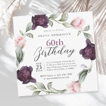 Elegante Aquarellfarben Rose Blumenmuster 60. Gebu Einladung<br><div class="desc">Eine sanfte, luxuriöse 60. Geburtstagsfeier, in der der Schwerpunkt auf einem Kranz von zarten Aquarellfarben liegt, die in sanften, rosa Farbtönen gestrichen sind, und satten Pflaumenpühlen, die mit den satten Grün verwoben sind. Diese Blumenelemente bilden eine romantische und elegante Touch. Das Textlayout verbindet elegante Serifen mit modernen Schriftart und ist...</div>