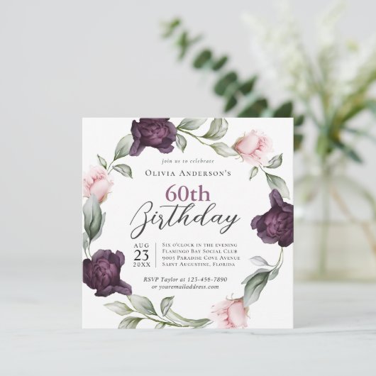 Elegante Aquarellfarben Rose Blumenmuster 60. Gebu Einladung (Stehend Vorderseite)