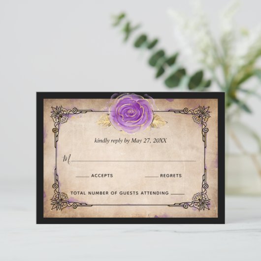 Elegante Aquarellfarben Rose Rustikales Gold Lila RSVP Karte (Stehend Vorderseite)