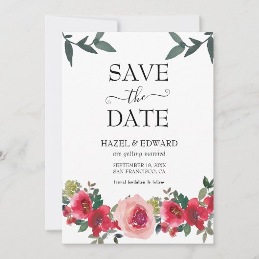 Elegante Aquarellfarben Rote Rose Save the Date fl Einladung (Vorderseite)