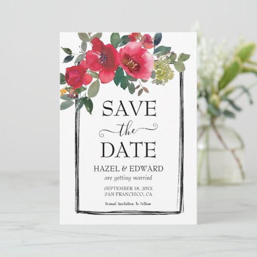 Elegante Aquarellfarben Rote Rose Save the Date fl Einladung (Stehend Vorderseite)