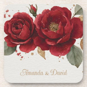 Elegante Aquarellfarben Rote Rosen mit Goldenem Gl Getränkeuntersetzer