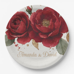 Elegante Aquarellfarben Rote Rosen mit Goldenem Gl Pappteller
