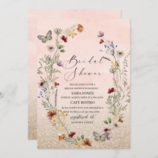 Elegante Aquarellfarben-Wildblume und Schmetterlin Einladung (Vorne/Hinten)