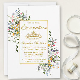 Elegante Aquarellfarben Wildblumen Gold Quinceaner Einladung