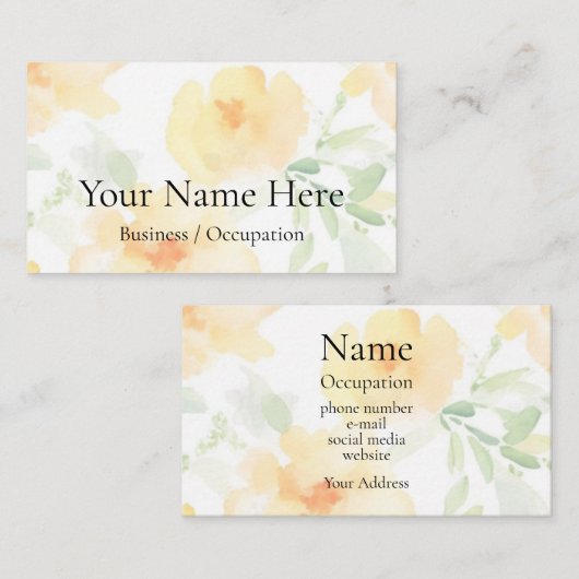 Elegante Aquarellgelbe Blütengrün Visitenkarte (Vorne/Hinten)