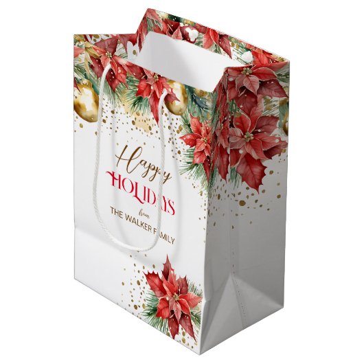 Elegante Aquarellgold Rote Poinsettia Weihnachten Mittlere Geschenktüte (Vorderseite Schrägansicht)